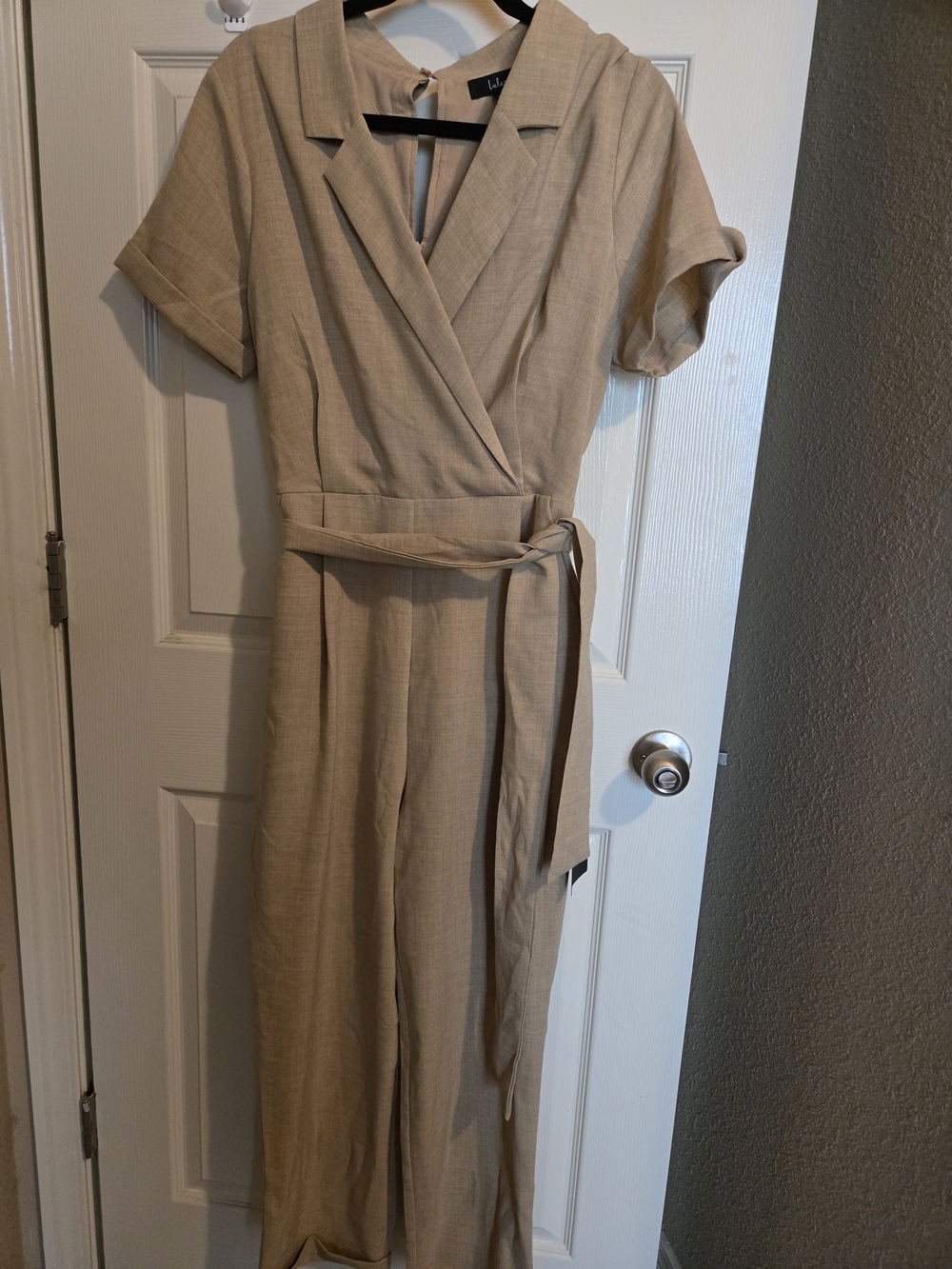 Lulu's Beige Wrap Jumpsuit with Tie Waist